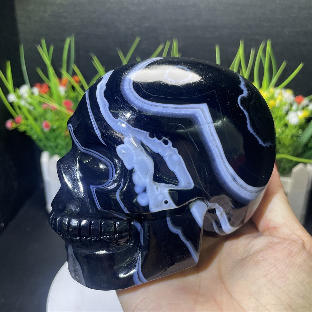2.3LB 4.5″ Natural A++ Black Sardonyx Agate Skull Crystal Quartz Decor Gift