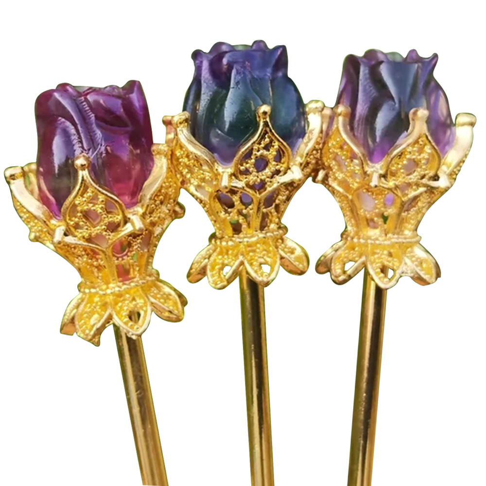 1PC Natural Fluorite Rose Hairpin Carved Quartz Crystal Hair Ornament Heal Reiki