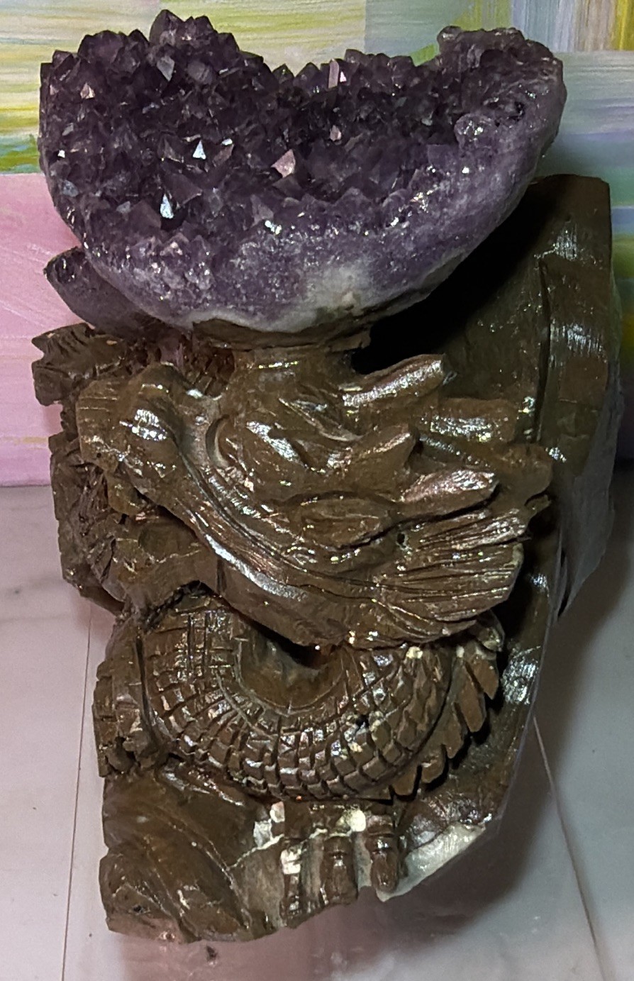 Purple Amethyst Cluster Crystal Mineral Display Specimen on Carved Dragon Stand