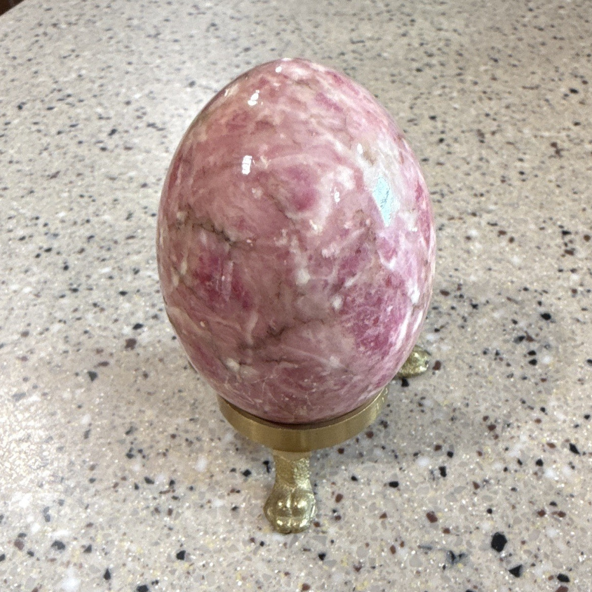 Polished Pink Crystal Mineral Egg Display Specimen on Brass Tone Stand