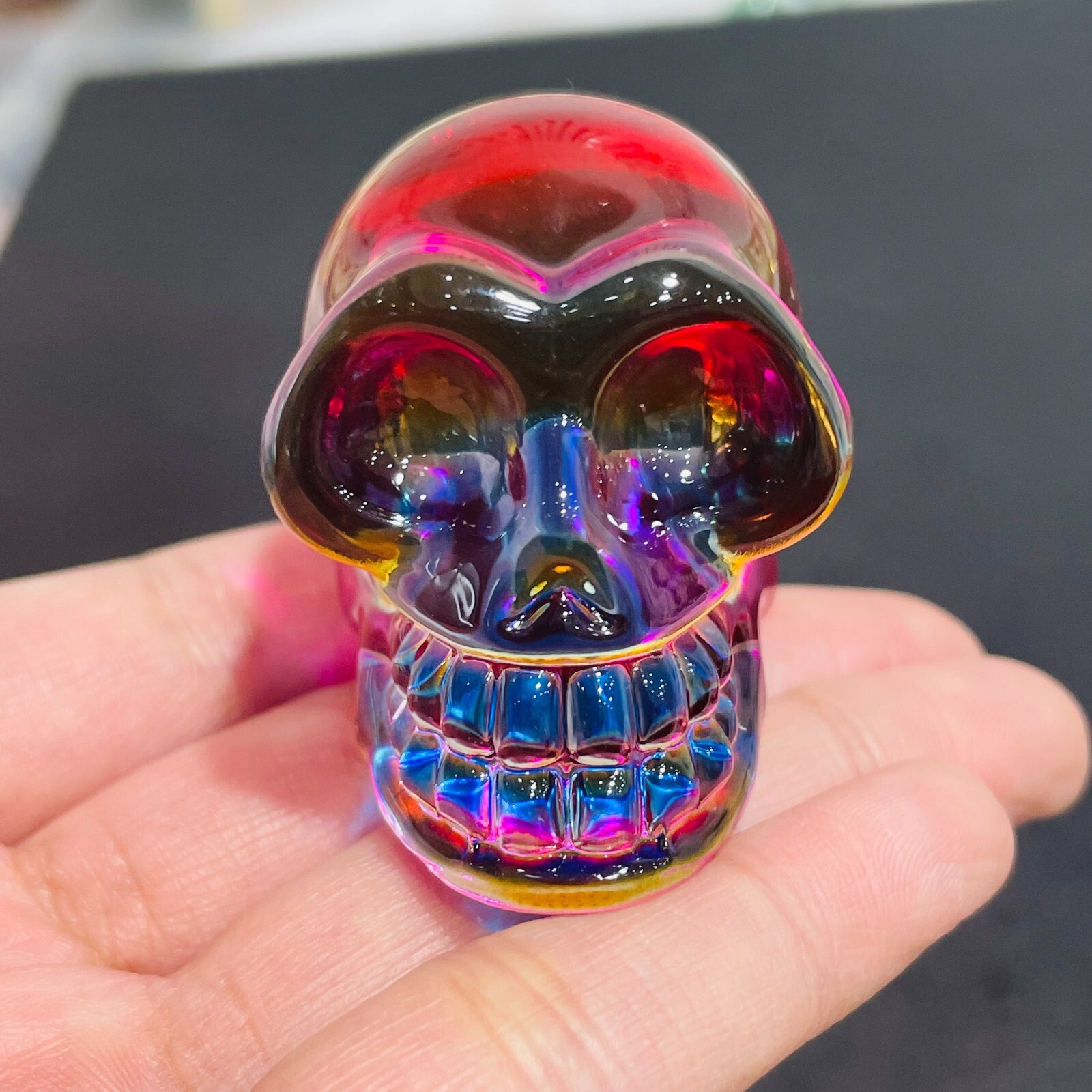 2″ Rainbow Titanium melting Quartz Hand carved skull crystal reiki healing 1PC