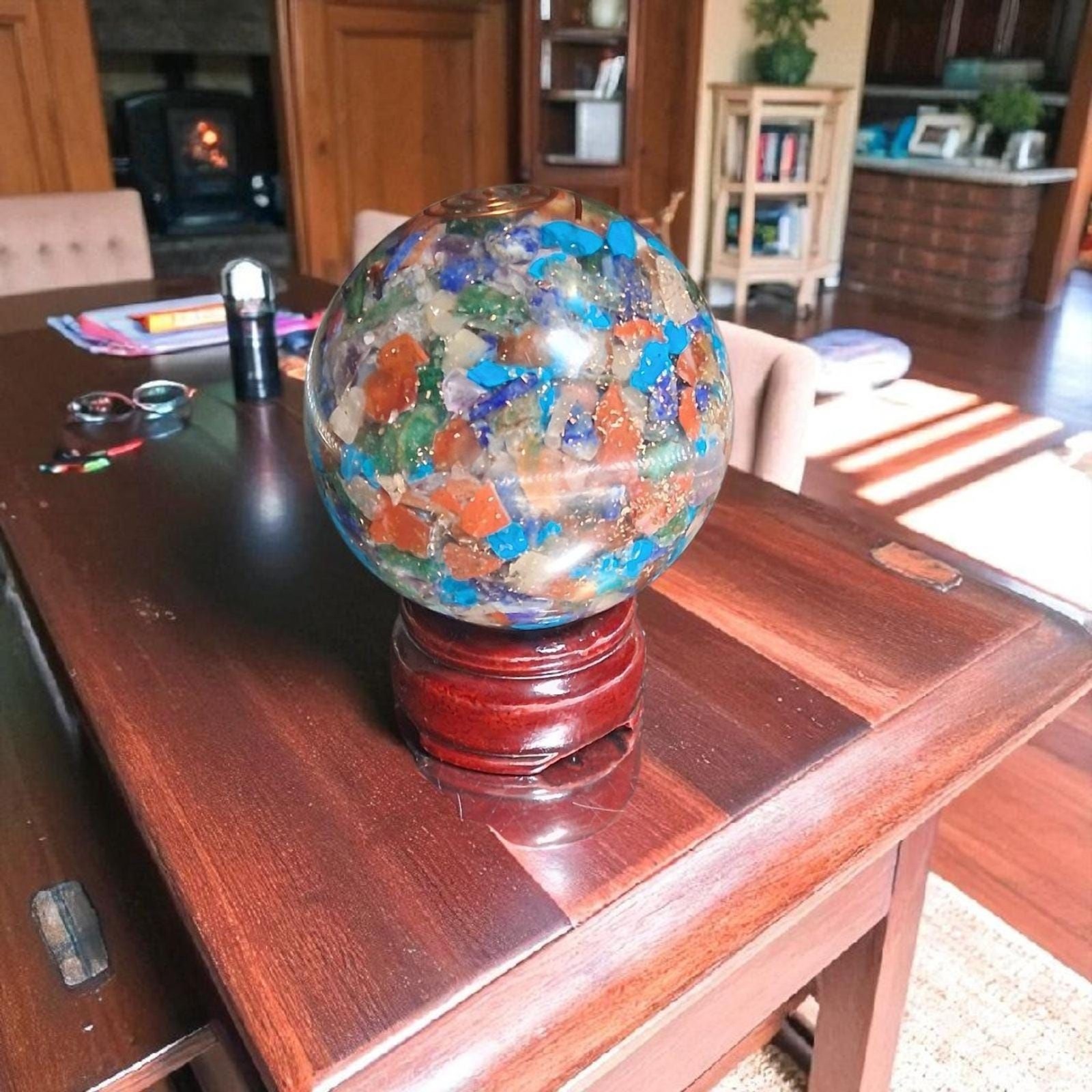 Orgone Multi-Chakra Sphere – 70mm Crystal Ball with Copper Coil & Wooden Stand