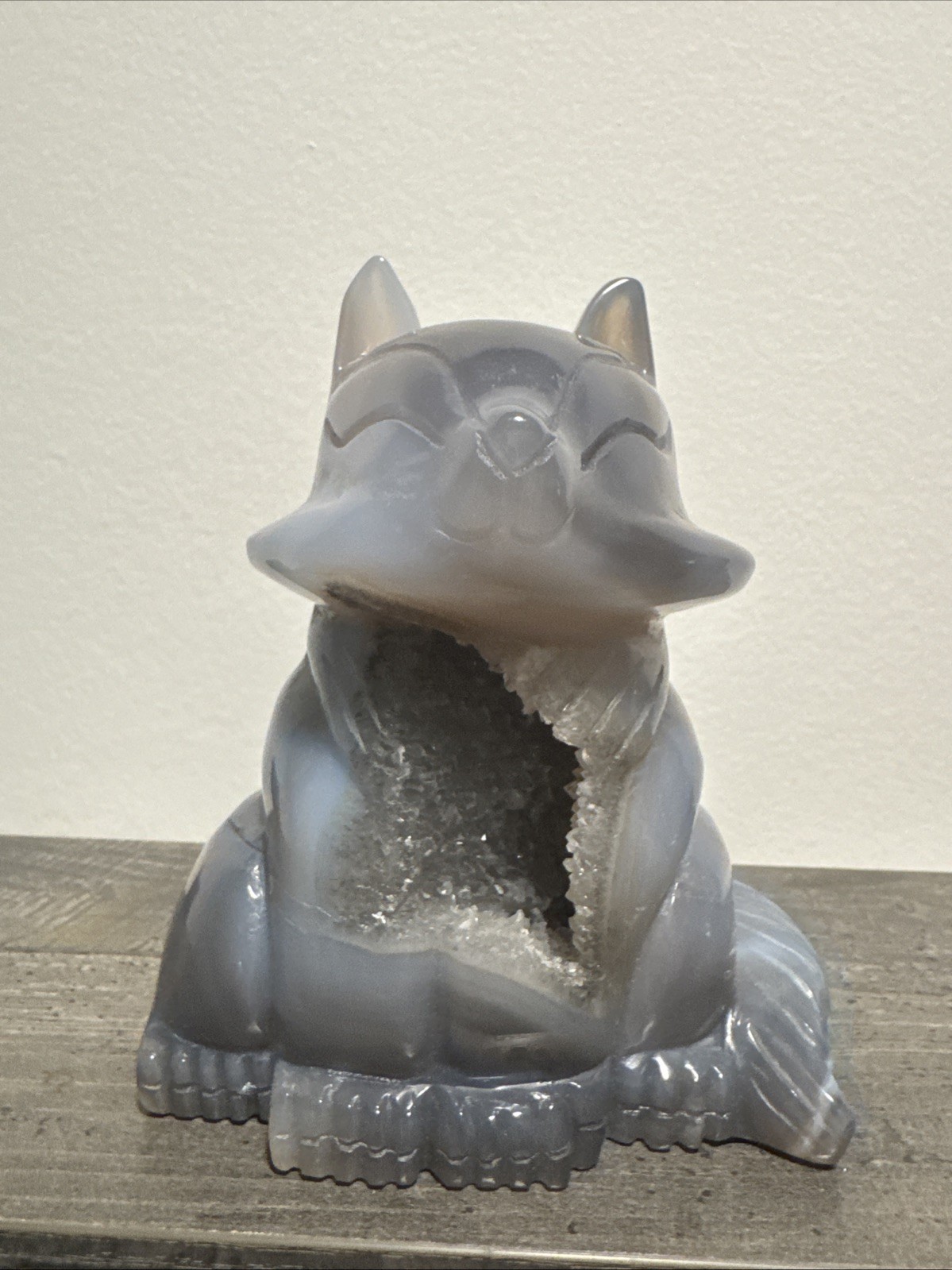 Druzy Agate Crystal Fox Carving 5.25” Over 1.5 Lbs