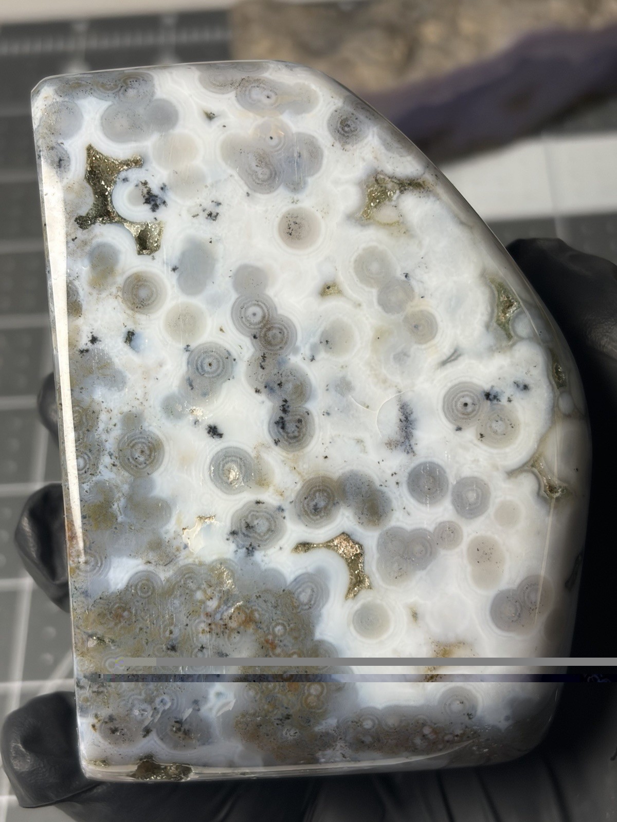 Beautiful Ocean Jasper Standing Free Form Orbs Bluish Colors