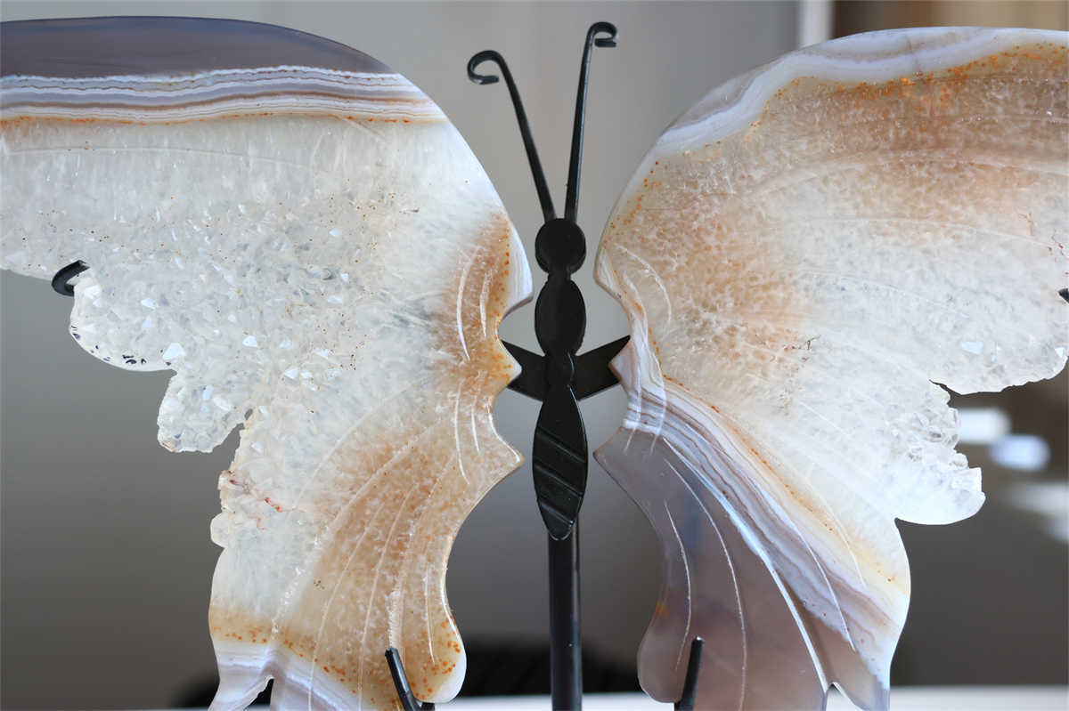 730g Natural Geode Agate Carved Butterfly Wing Reiki Crystal Decor Gift + Stand