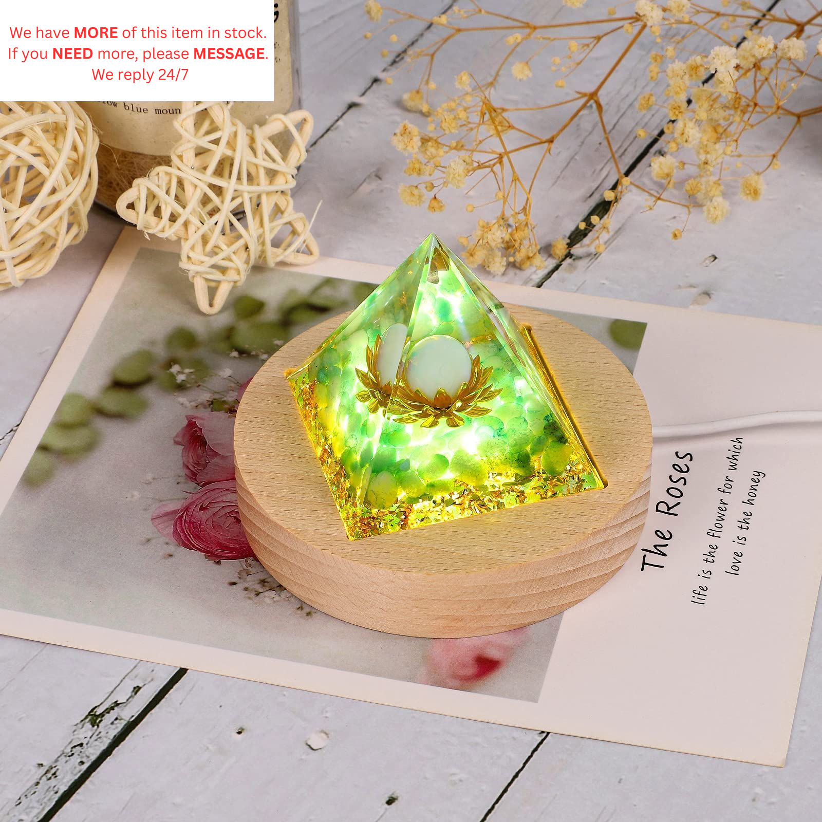 LED Light Base for Orgone Pyramid, 3 Color Adjustable Switch Wood