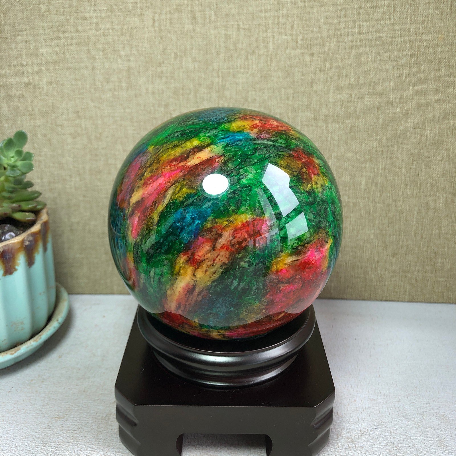 Natural “Seven Colors Jade” sphere flat bottom specimen Taiwan China 99mm A4582