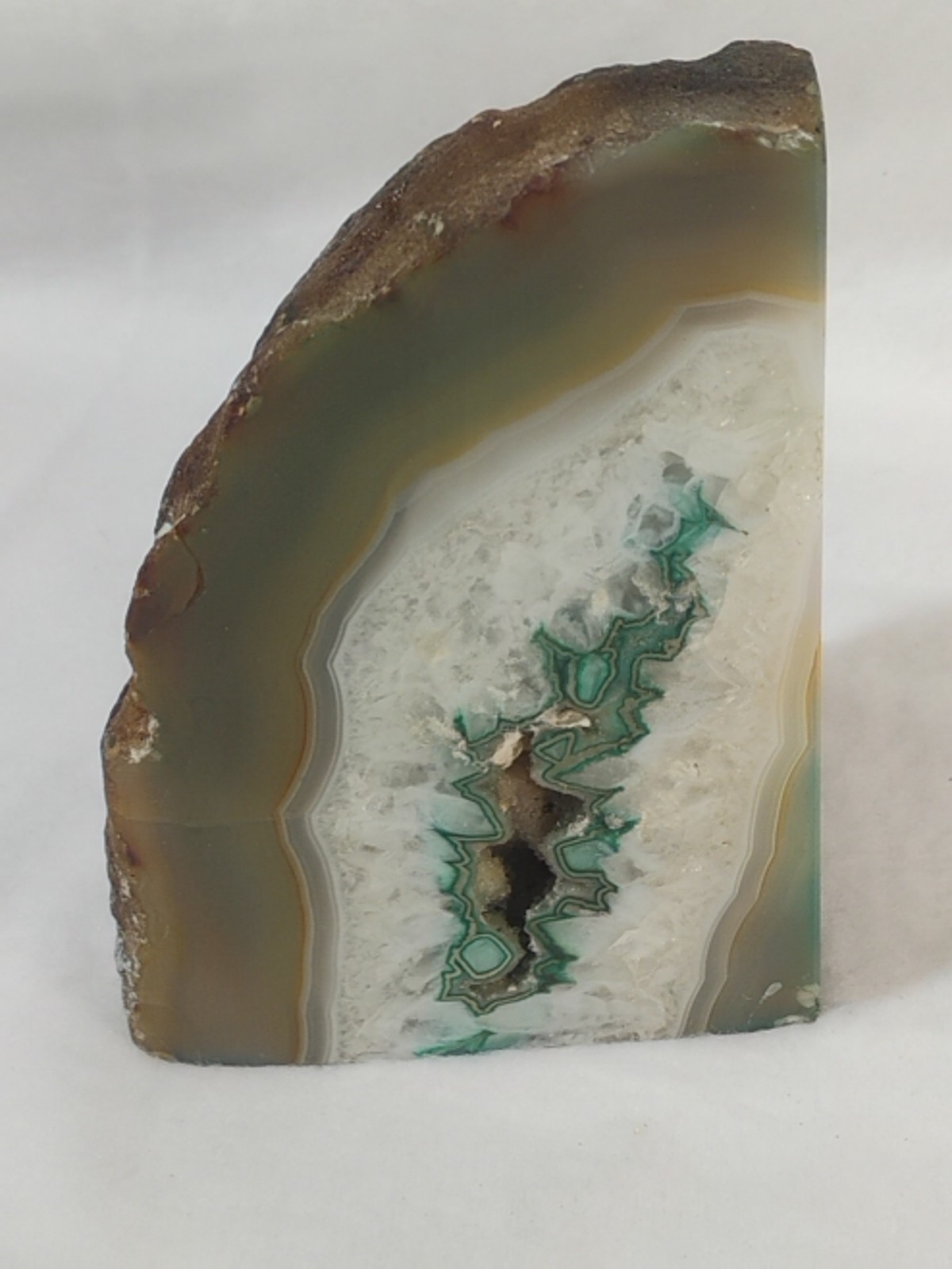Sliced And Polished Natural Brazilian Agate Geode Bookend Green Brown White