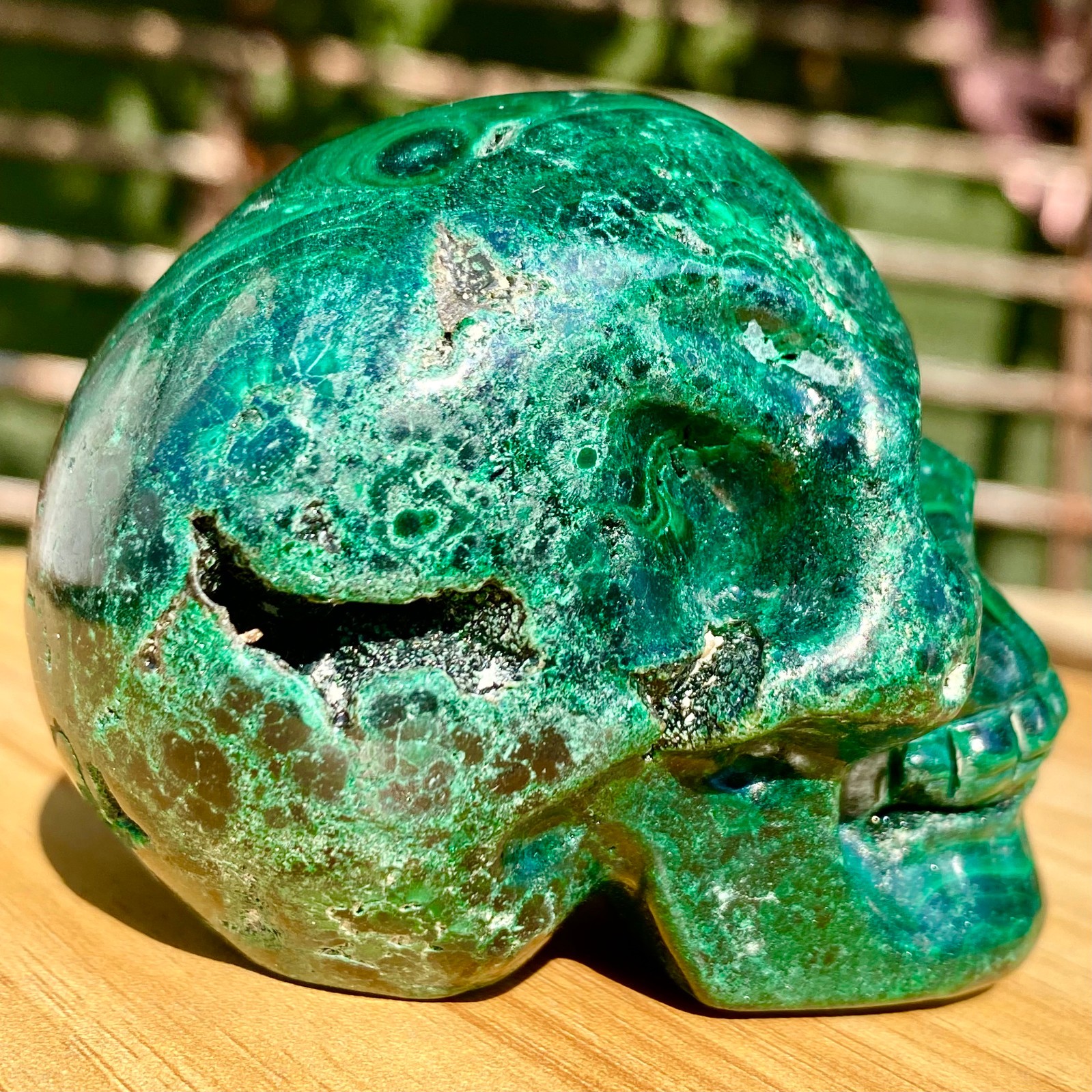 391G Malachite Crystal Skull, Hand Carved Gemstone Fine Art Sculpture
