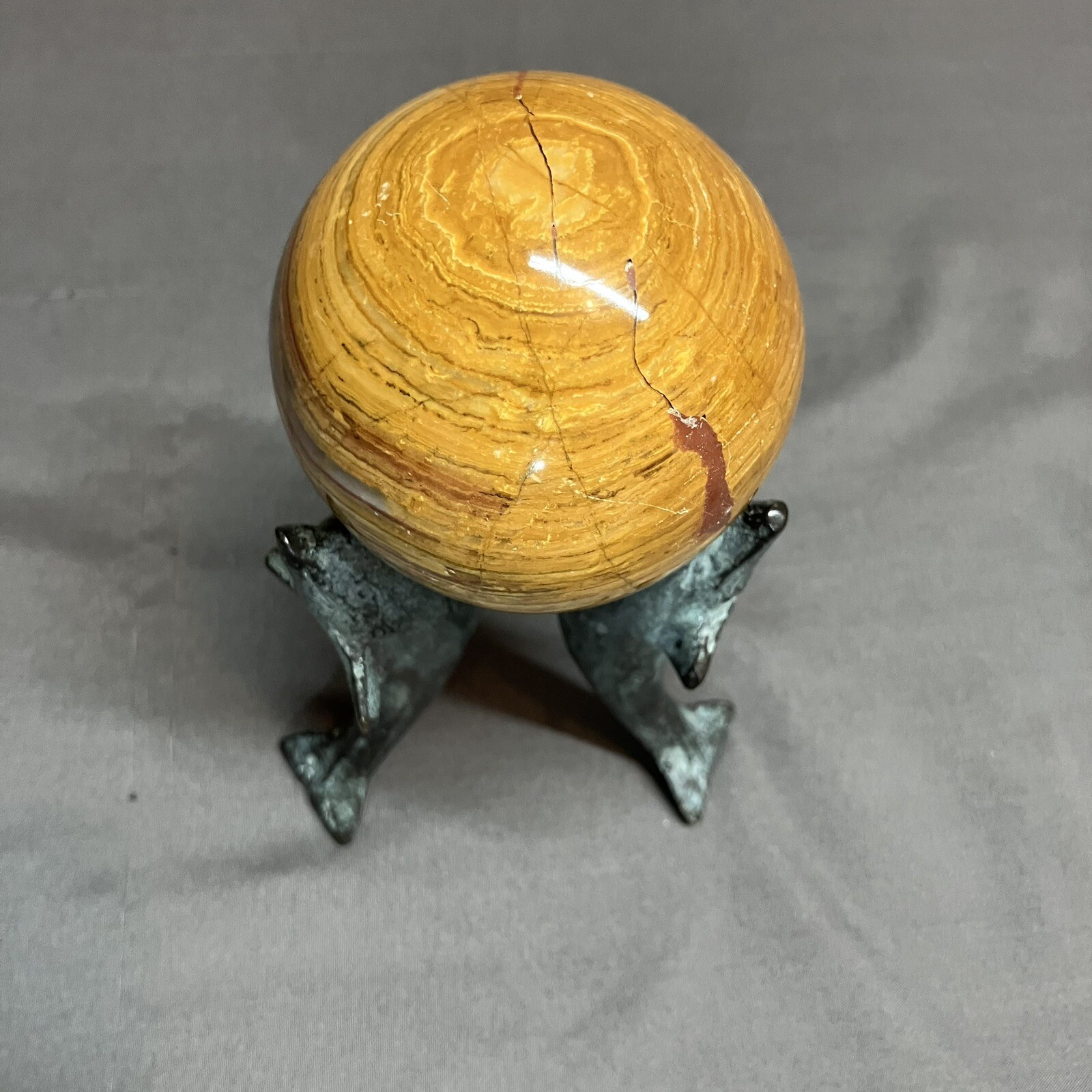 3” Banded Gemstone Dolphin Stand / Onyx ? Stone / Sphere Ball / 76mm / REPAIRED