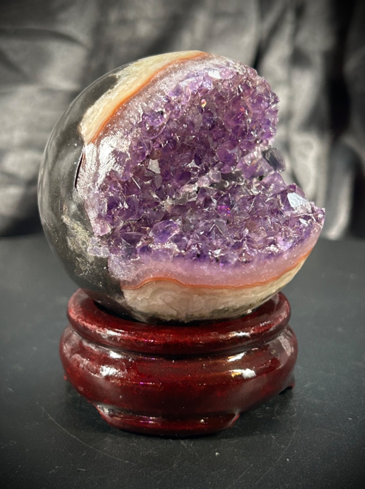2.43″ diameter Amethyst Pac Man Specimen With Wood Stand 10.2oz