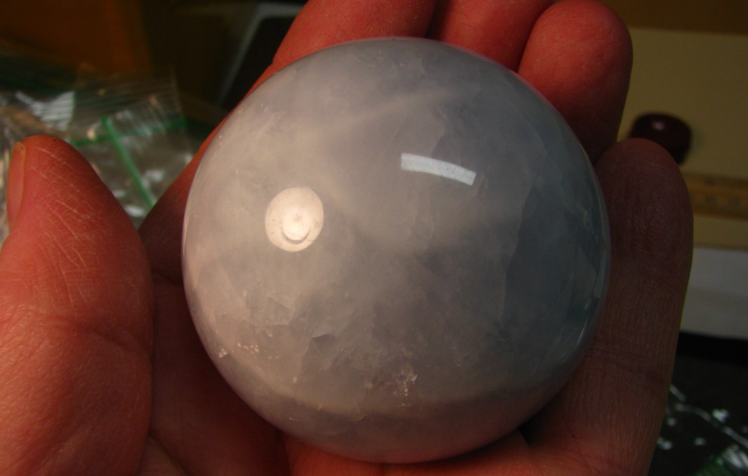 .59lb 2.26inch BLUE CELESTITE SPHERE W/WOOD STAND MADAGASCAR #059