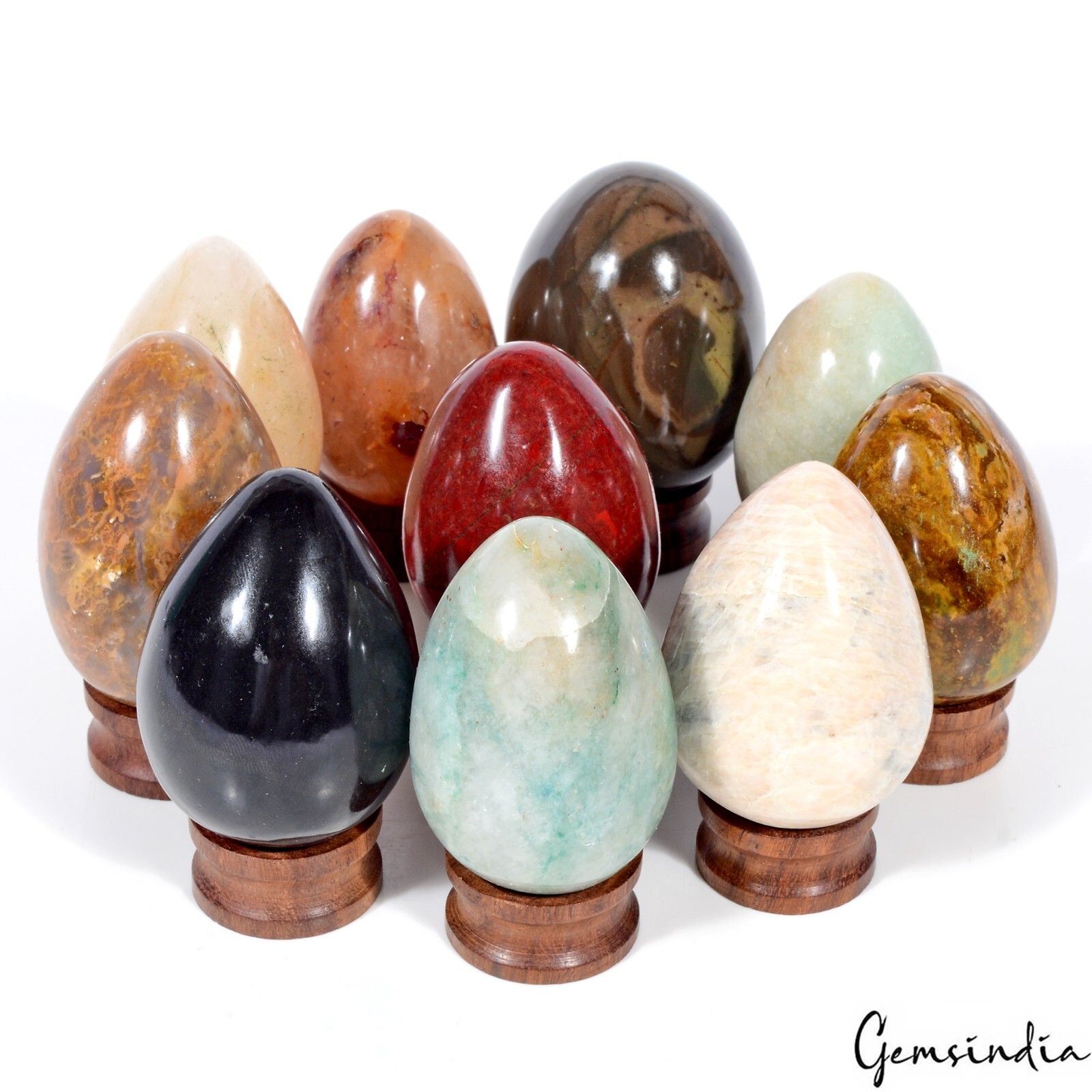 10 Pcs Natural Multi Gemstones Crystal Healing Mineral Eggs W Stand~ 5000 Cts