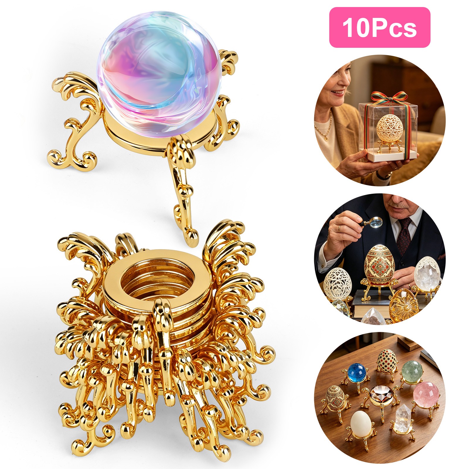 10PCS Metal Sphere Display Stand Gold Crystal Ball Base Gemstone Holder Tripod