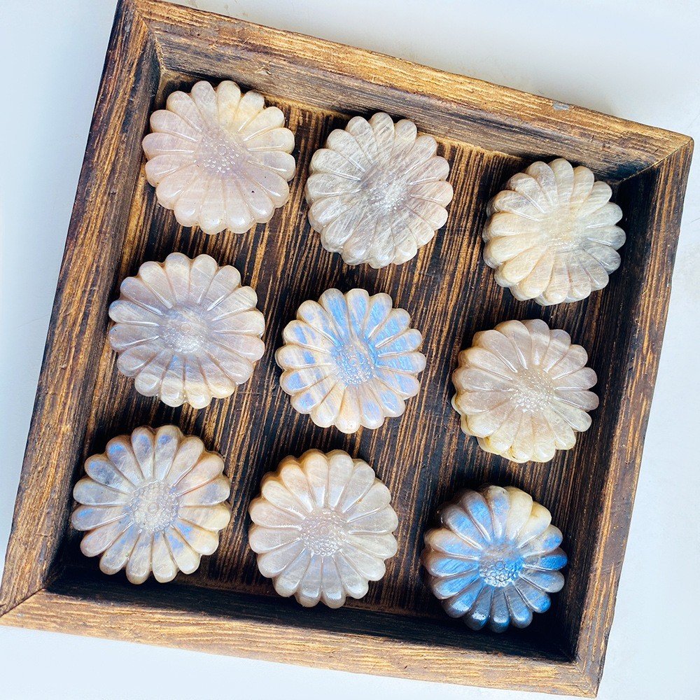 Natural Moonstone Quartz Hand Carved Sunflower Reiki Healing Crystal Craft 5pcs