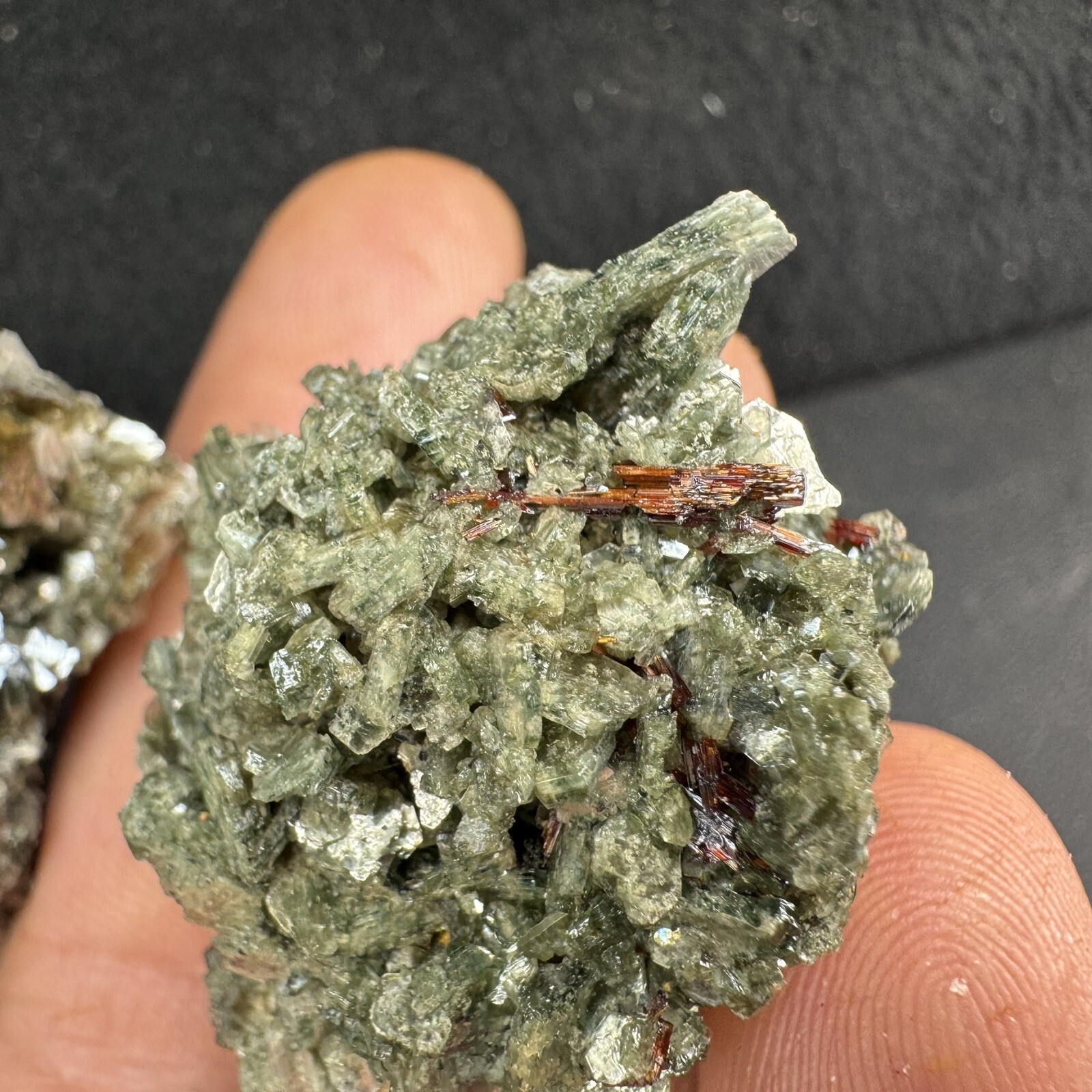 Lot of 4 Green Crystalized Mica Crystal Clusters with Rare Red Rutile Crystals