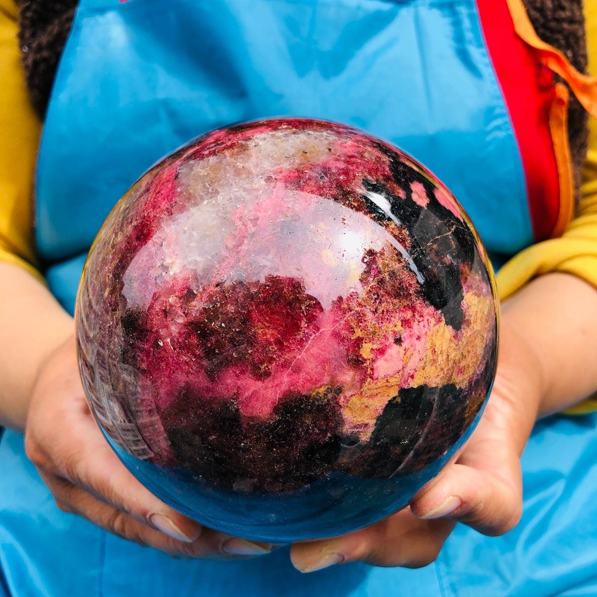 6.6LB Natural Rhodonite Crystal Sphere Pink Black Healing Gem Stone 4802