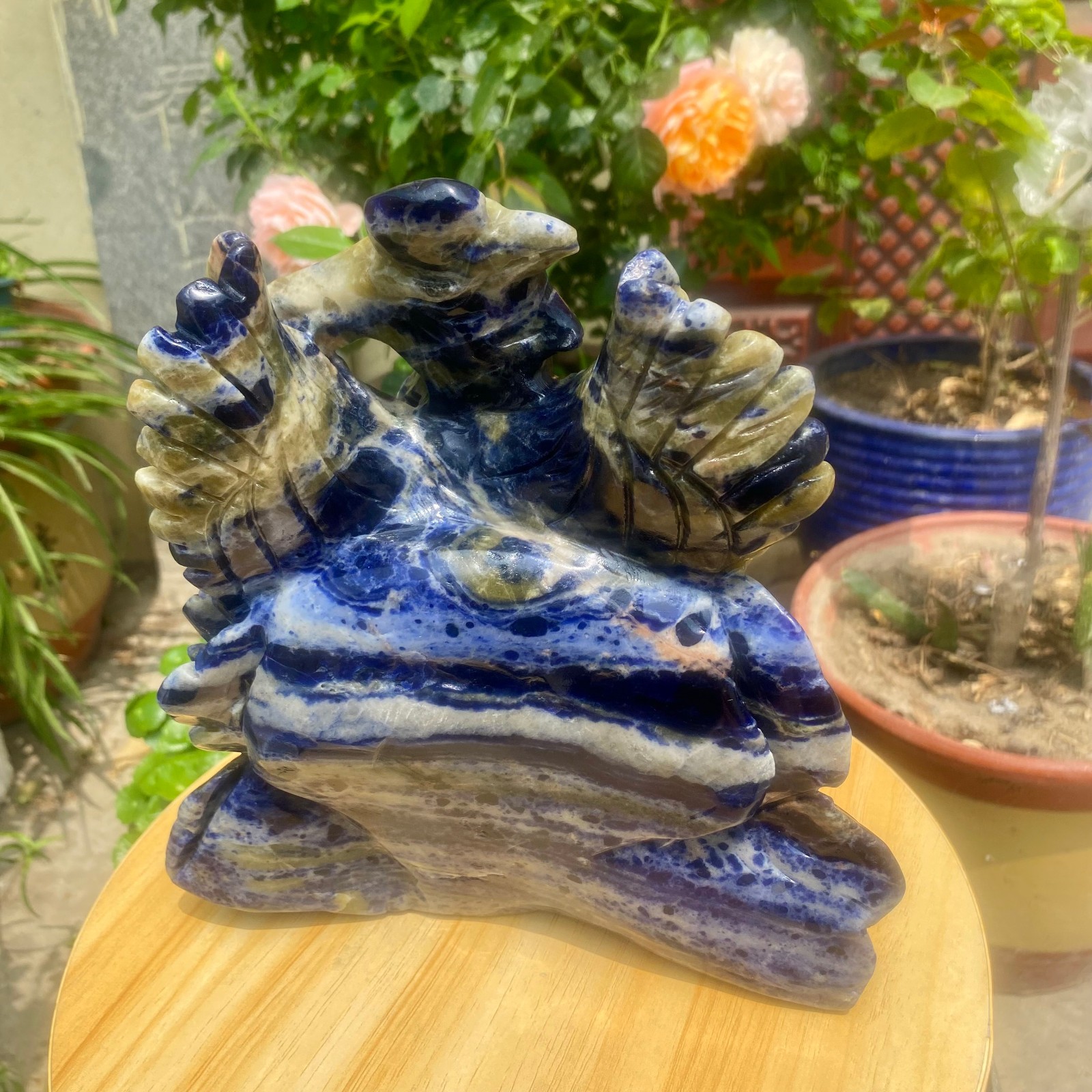 6.61LB Natural Blue Vein Stone Phoenix Carving, Home Decoration