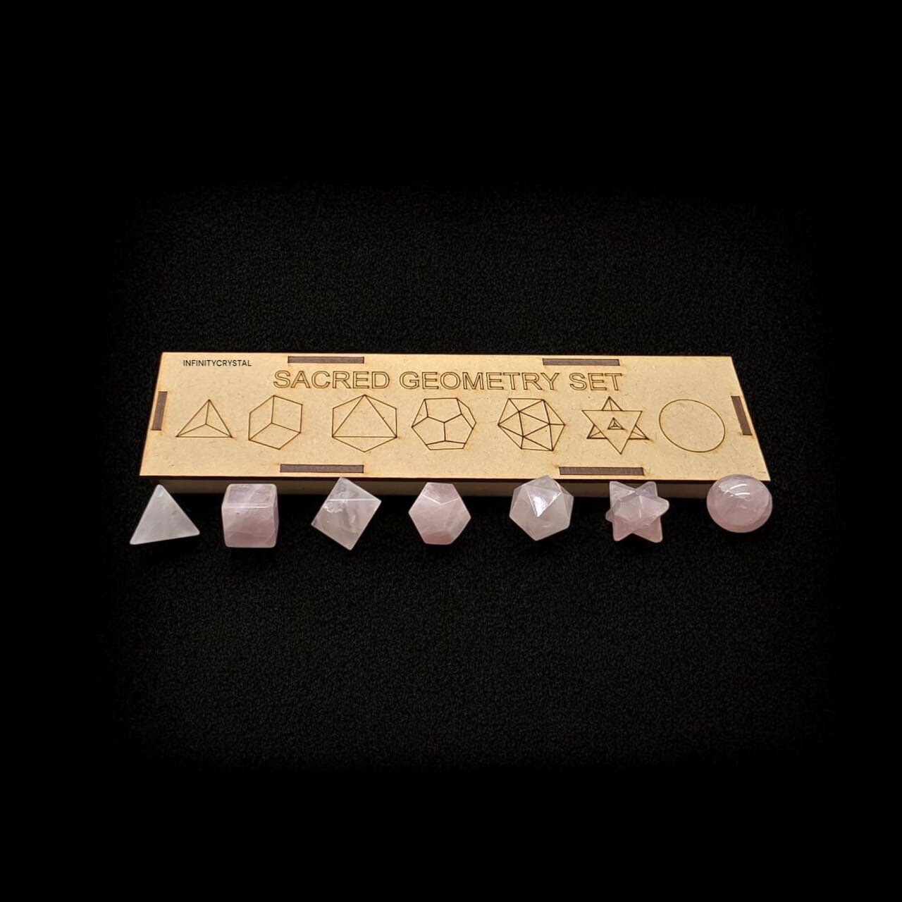 7 Pcs Pink Rose Quartz Sacred Geometry Set 7 Pcs,Grid Board Wooden Box Gifts.