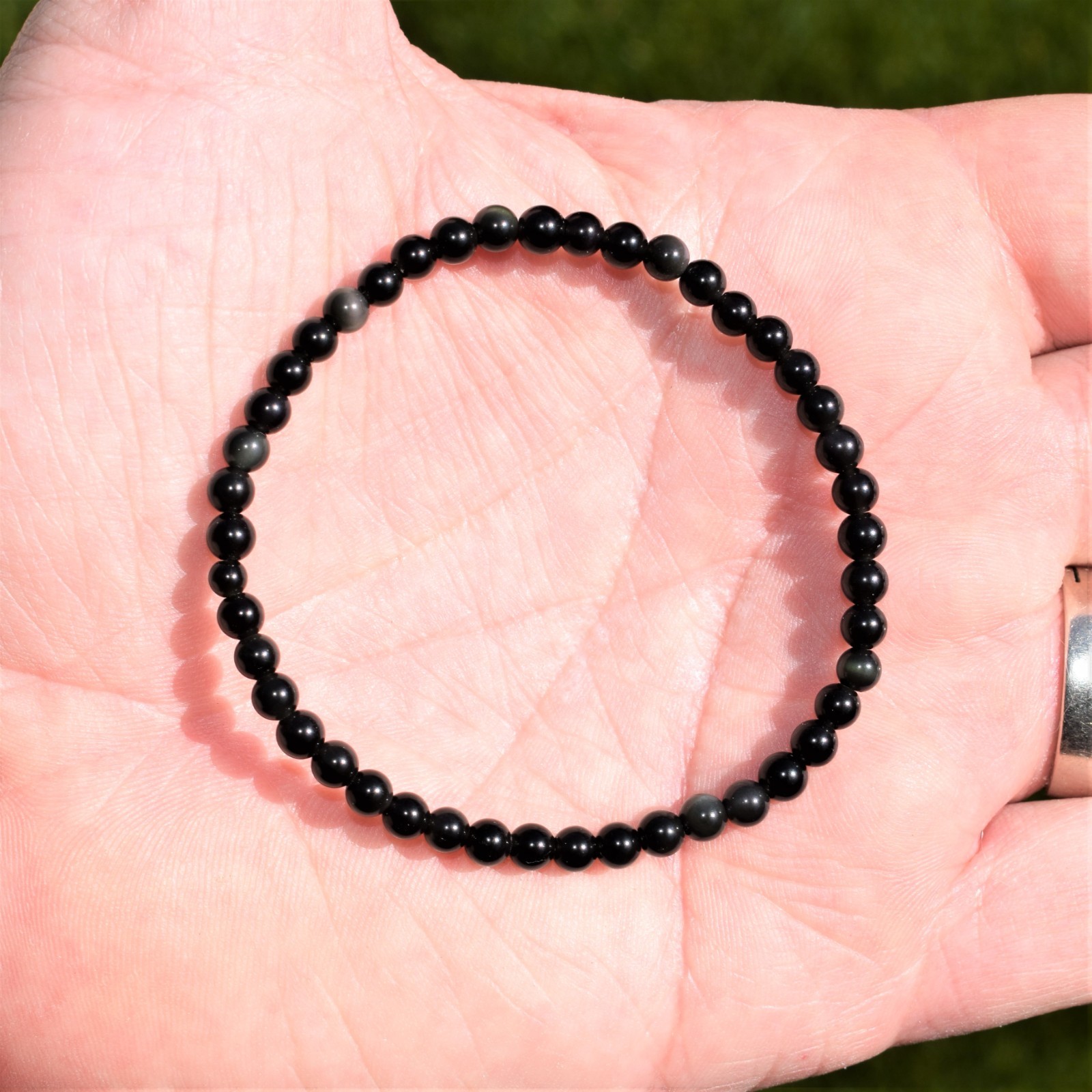 CHARGED Goldsheen Rainbow Obsidian Crystal 8mm Stretchy Bracelet +Selenite Heart