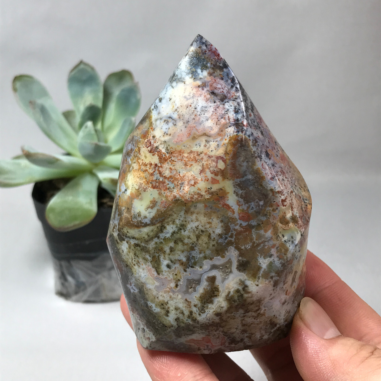 Natural Ocean Jasper torch Hand carve polish Crystal free standing 386g g6622
