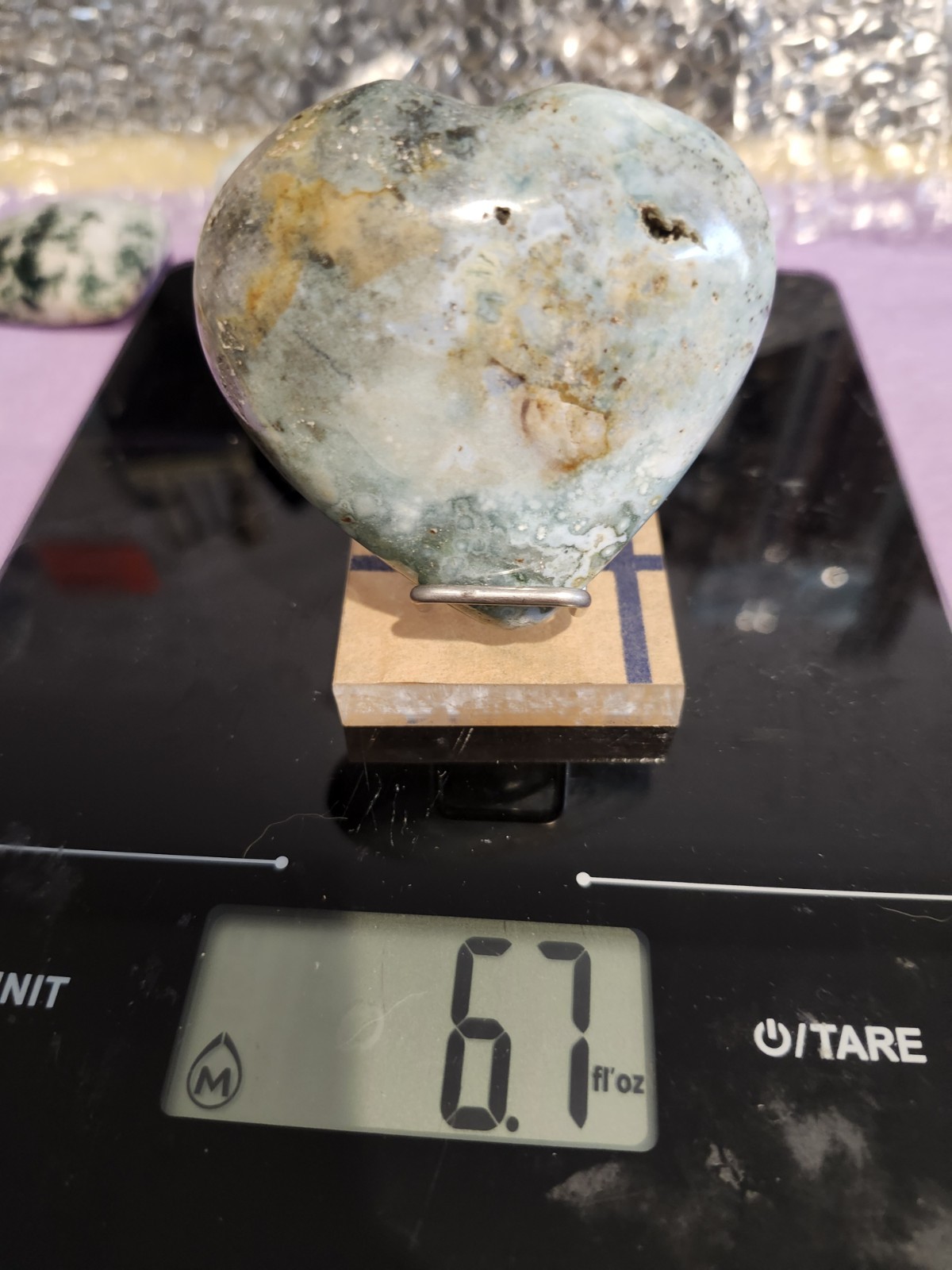 8pc Moss Agate 4 Hearts With 1 Stand,tower, 1 Wand With Golden Color Holder