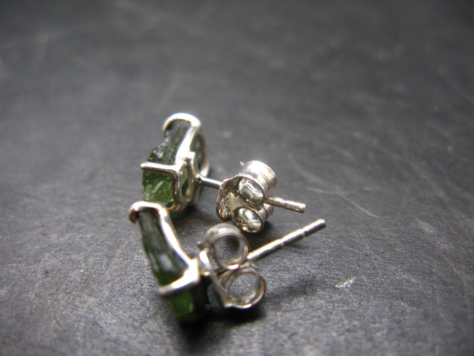 Moldavite Tektite Stud Earrings In Silver From Czech Republic – 1.64 Grams