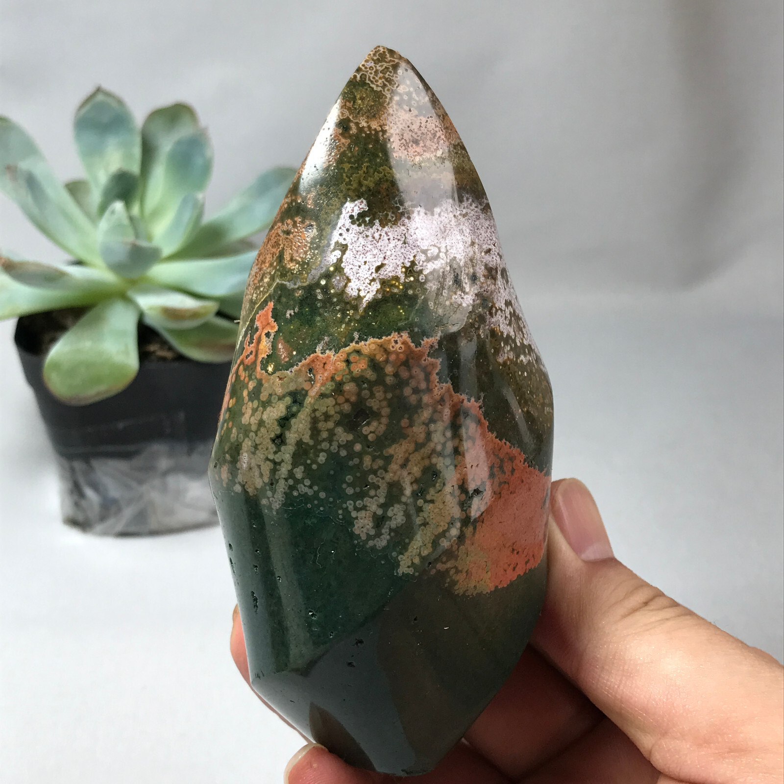 Natural Ocean Jasper torch Hand carve polish Crystal free standing 362g g6632