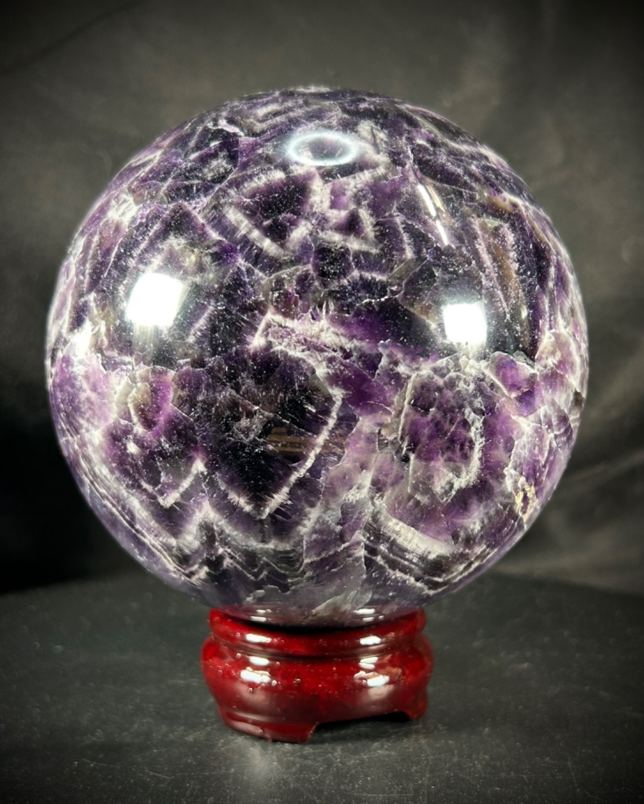 4.56″ Chevron (Dream) Amethyst Sphere With Wood Stand 5lb 3.1oz (2.355 kg)