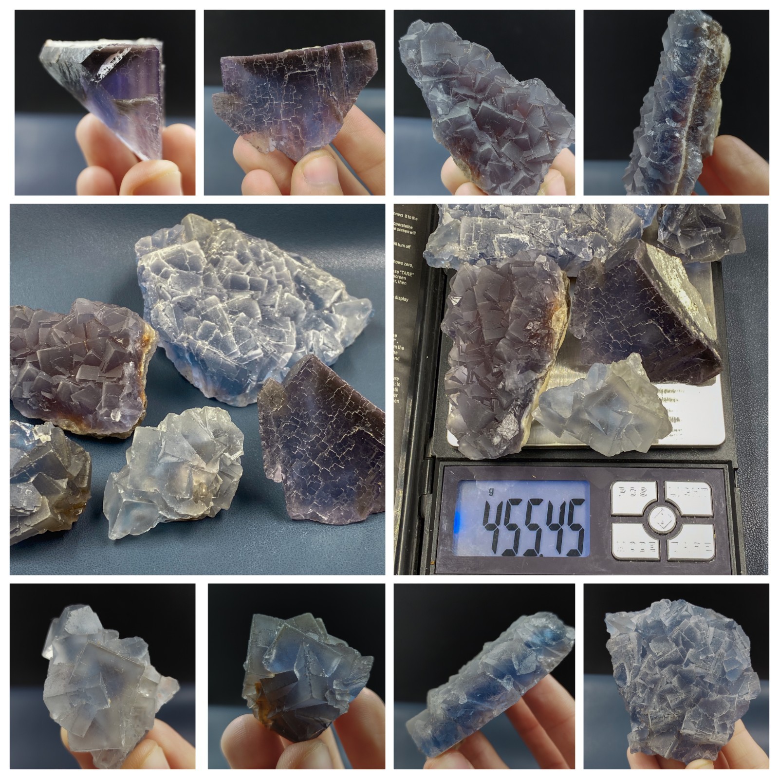 455g Natural Cubic Blue Purple Fluorite Crystal Specimen Mix Lot Mineral Stones