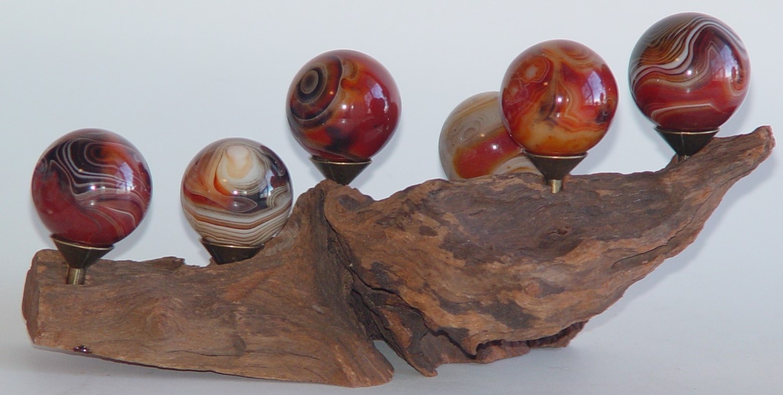 Sardonyx Agate Sphere Display on Natural Driftwood Stand 6pc Crystal Collection