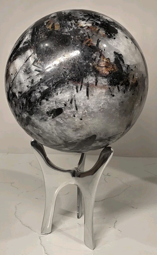 16.8LB 7″ Huge Tourmalinated Quartz Sphere Black Tourmaline Crystal Orb / Stand