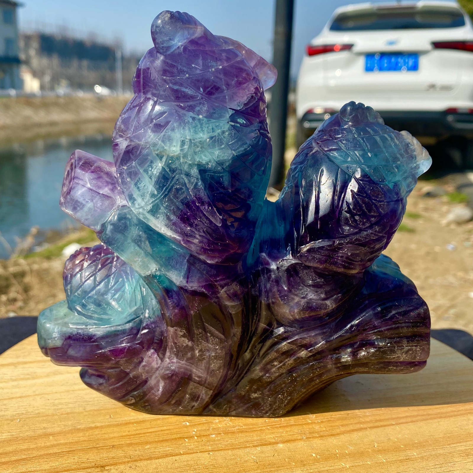 5.62LB Natural Fluorite Quartz Owl Sculpture Hand Carved Crystal Reiki Energy