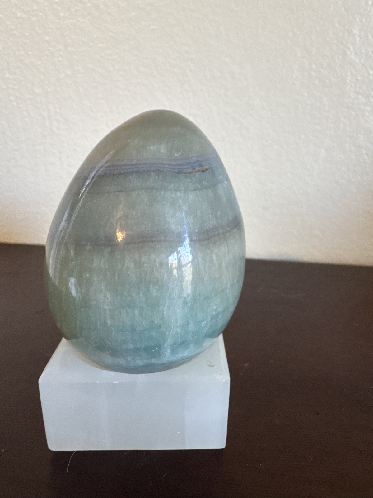 Polished Green Onyx Stone Egg Banded Calcite Decorative Display 3” w Stand