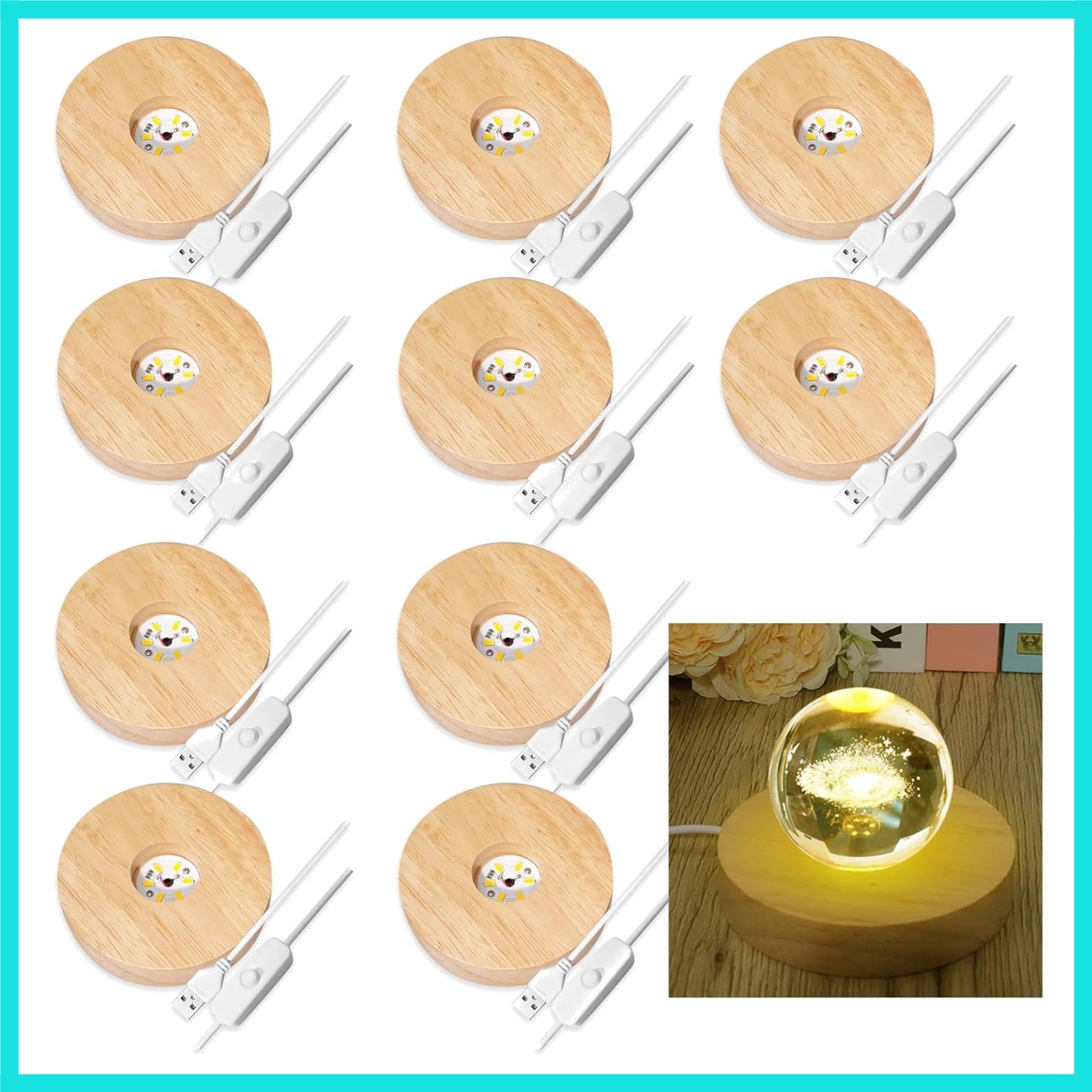 10 Pcs Wooden LED Display Bases Round Wood Display Lighted Bases for Glass Ar…