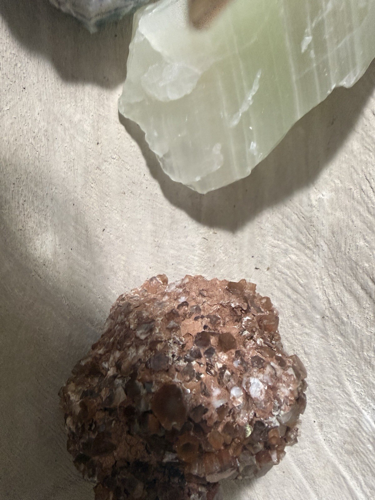 Lot of 3 Rough Mineral Crystal Specimens Green White Orange/Brown Rocks w/ bowl