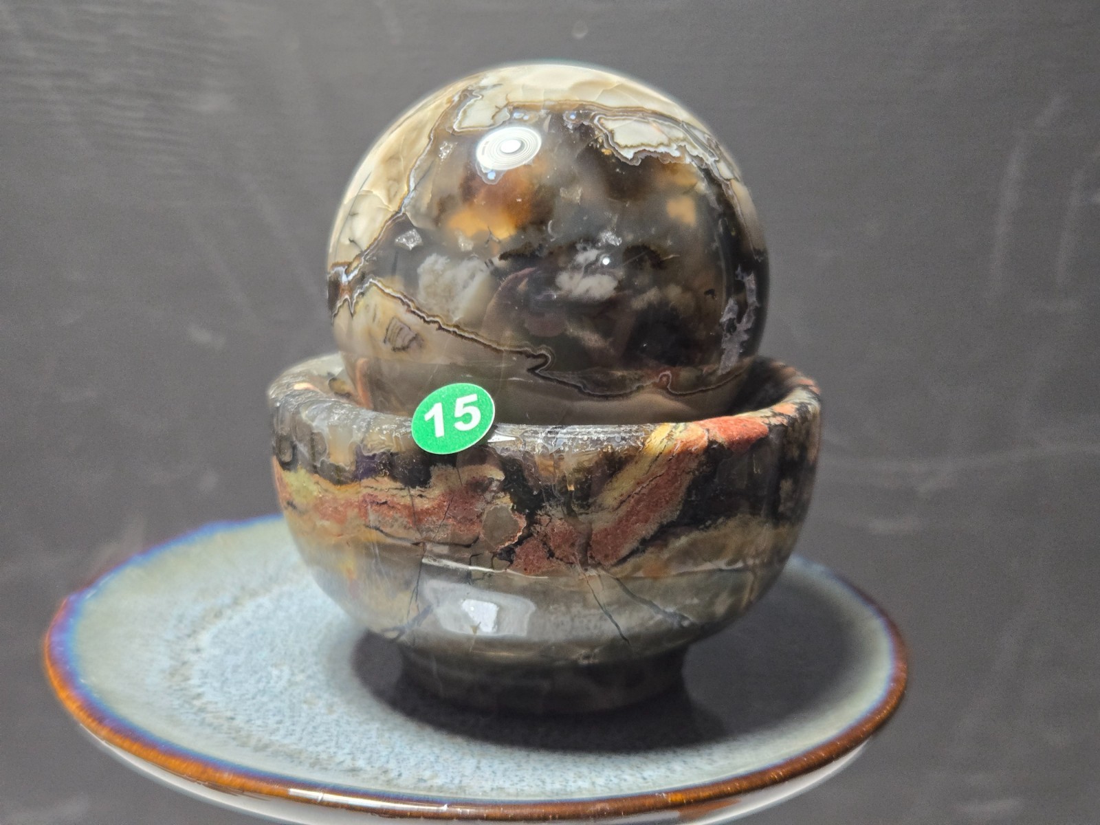 Set of (2) UV Reactive Football Agate dish/holder & Volcano sphere! G15
