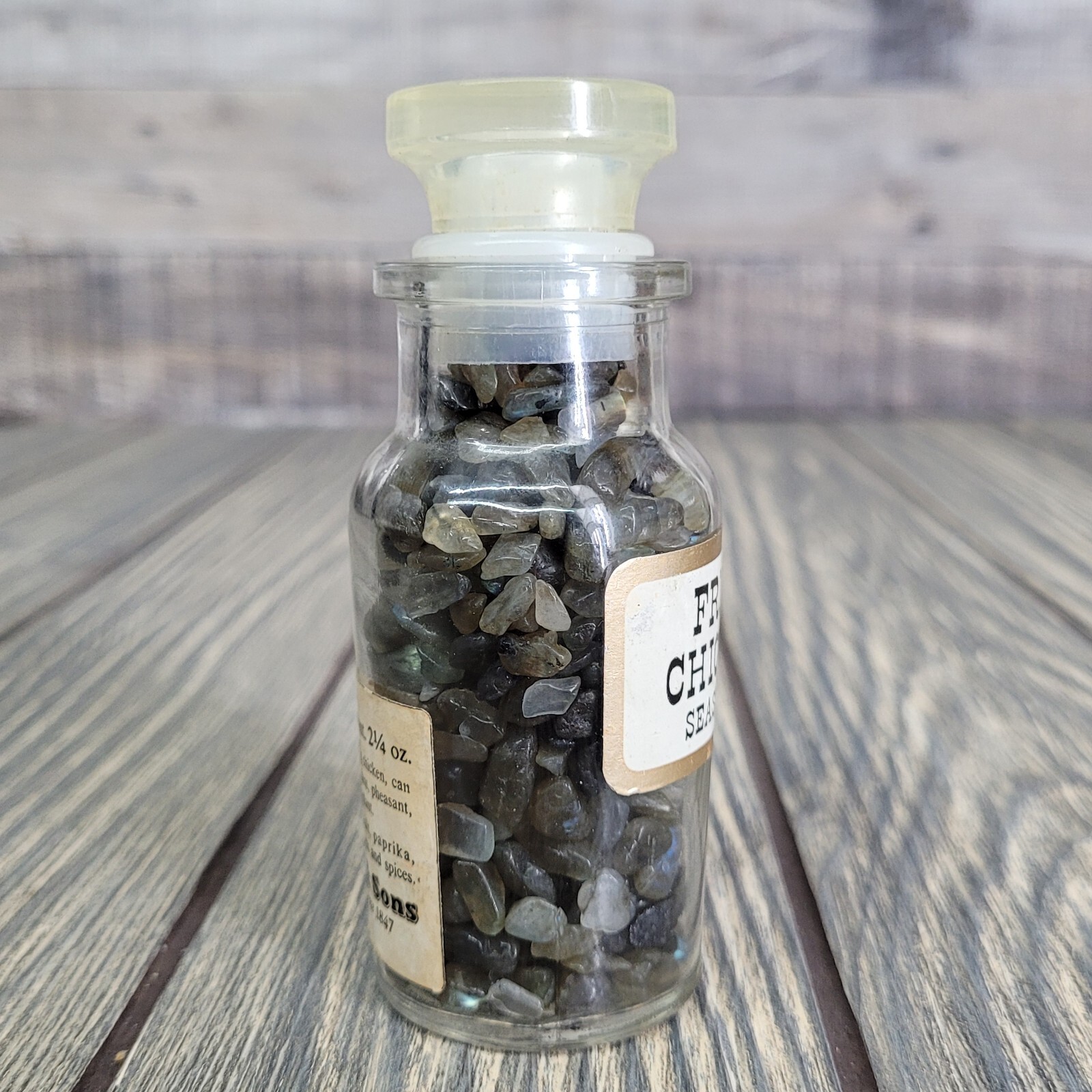 4oz Labradorite Crystal Tumbled Chips in Apothecary Vintage Glass Jar Wagner