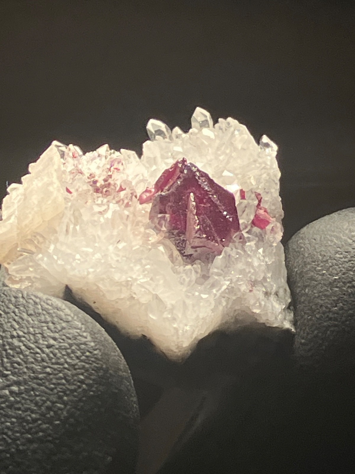 Pristine Cinnabar “drillbit” on Quartz, Calcite Tongren Mine Wanshan dist. China