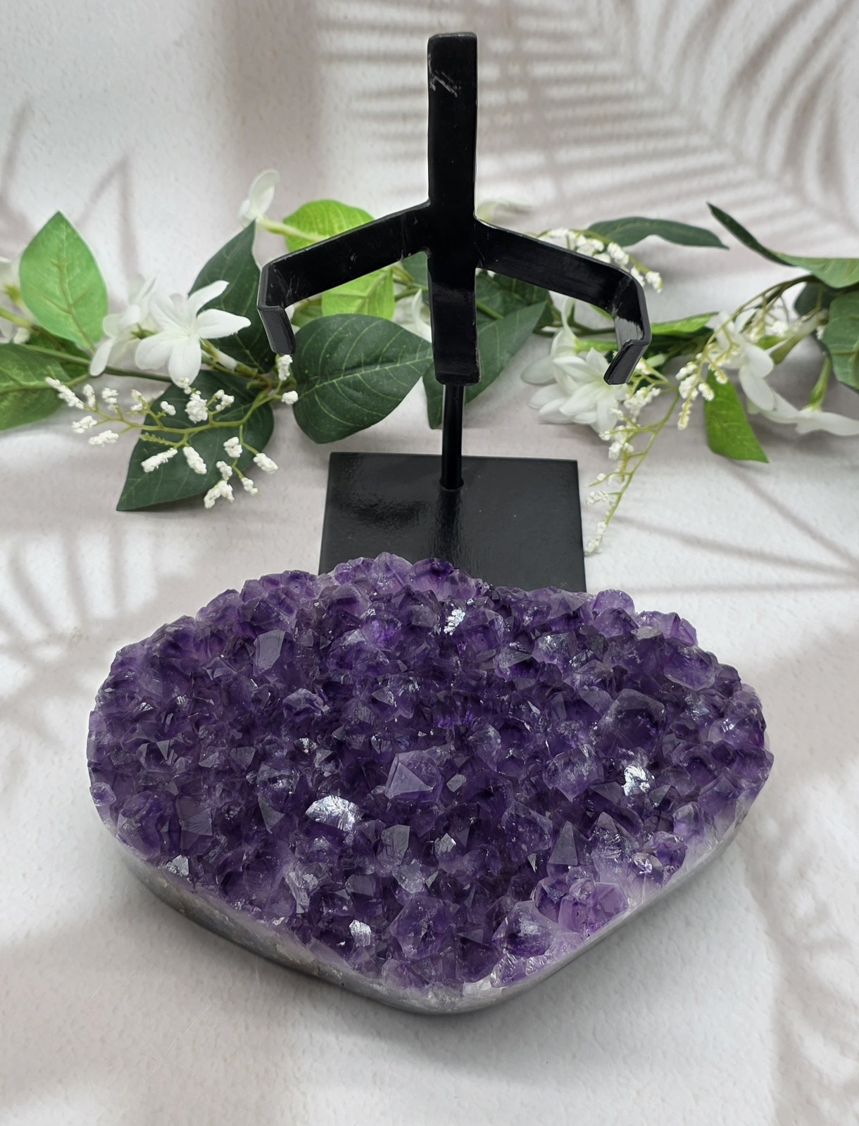 Large Uruguay Amethyst on Black Metal Stand Natural Purple Crystal Display