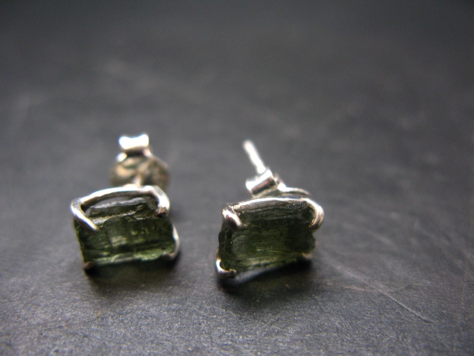Moldavite Tektite Stud Earrings In Silver From Czech Republic – 1.64 Grams