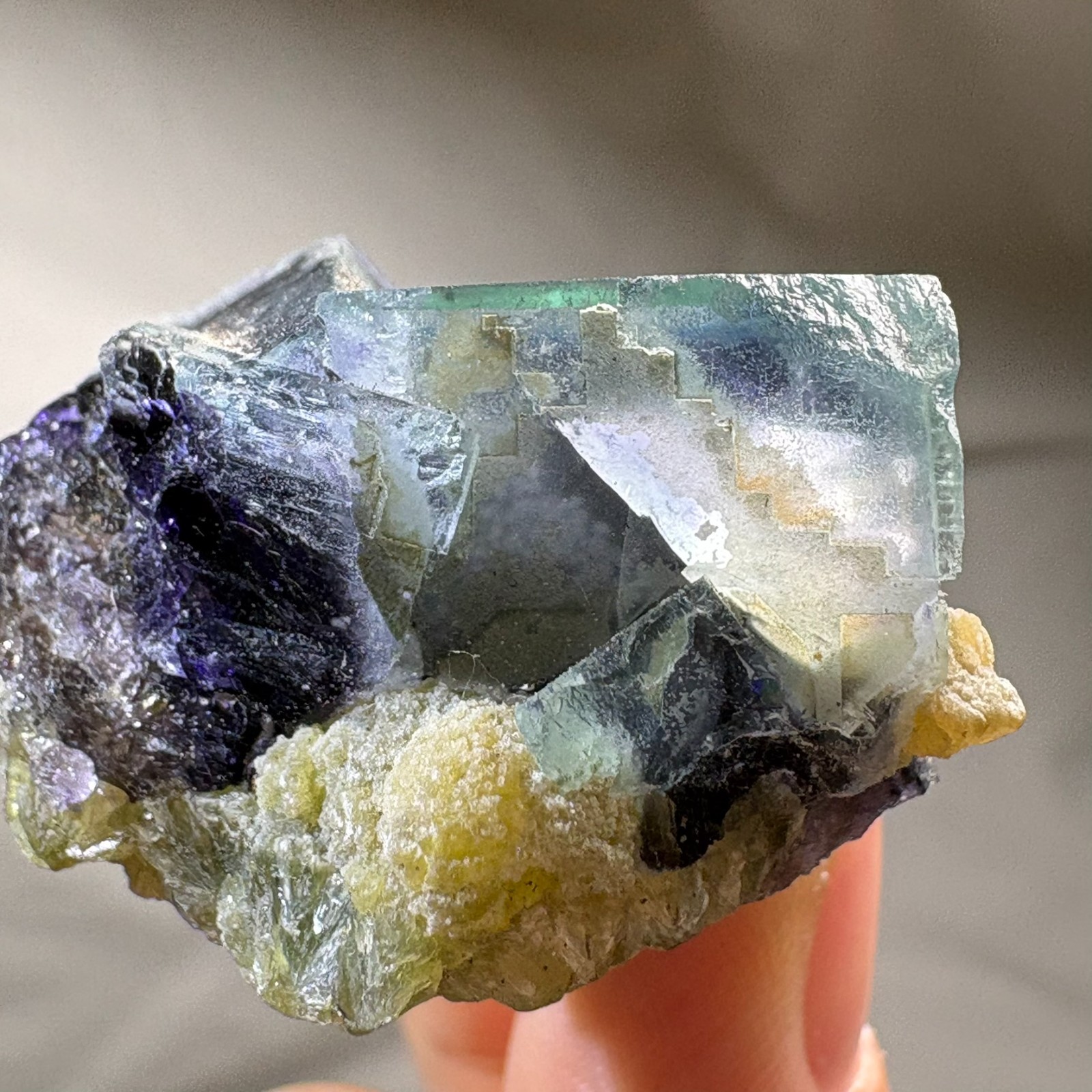 Natural Phantom Fluorite w/ Green Mica Raw Mineral Specimen w/ Acrylic Stand