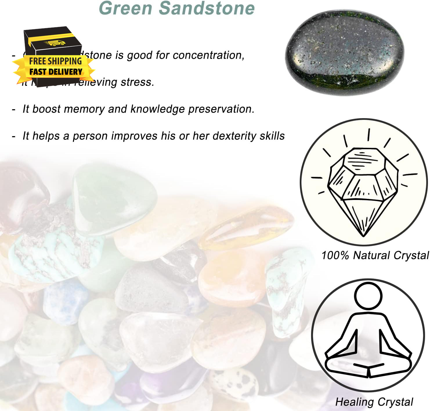 Green Sandstone Healing Crystal Stones, 1.25-2.0″ Large Reiki Healing Gemstones