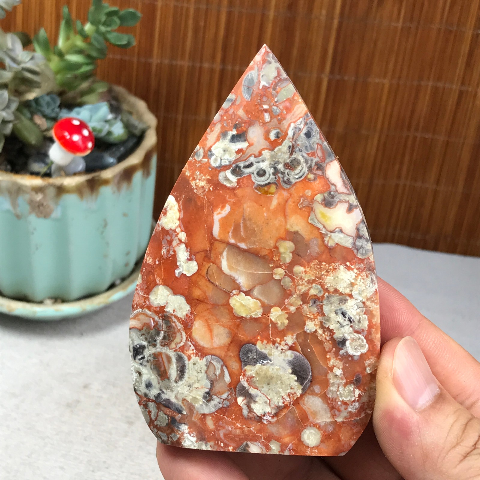 Natural money Mexico agate hand carve leaf Crystal Specimen free standing A6256