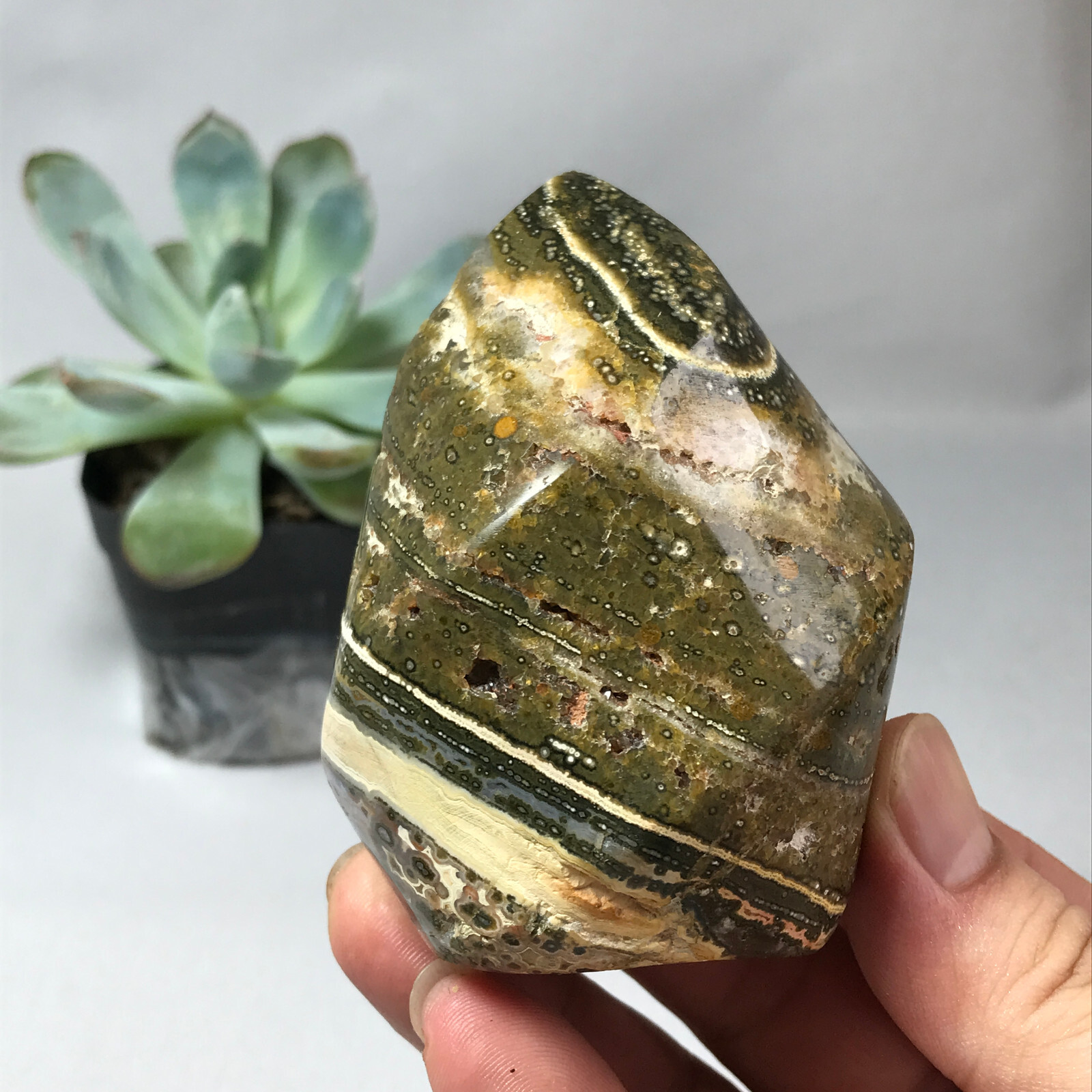 Natural Ocean Jasper torch Hand carve polish Crystal free standing 262g g6634