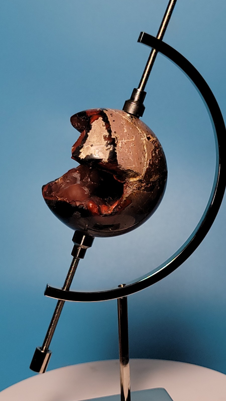 93G Natural Volcanic Red Agate QUARTZ Crystal Sphere and Aluminum Display Stand