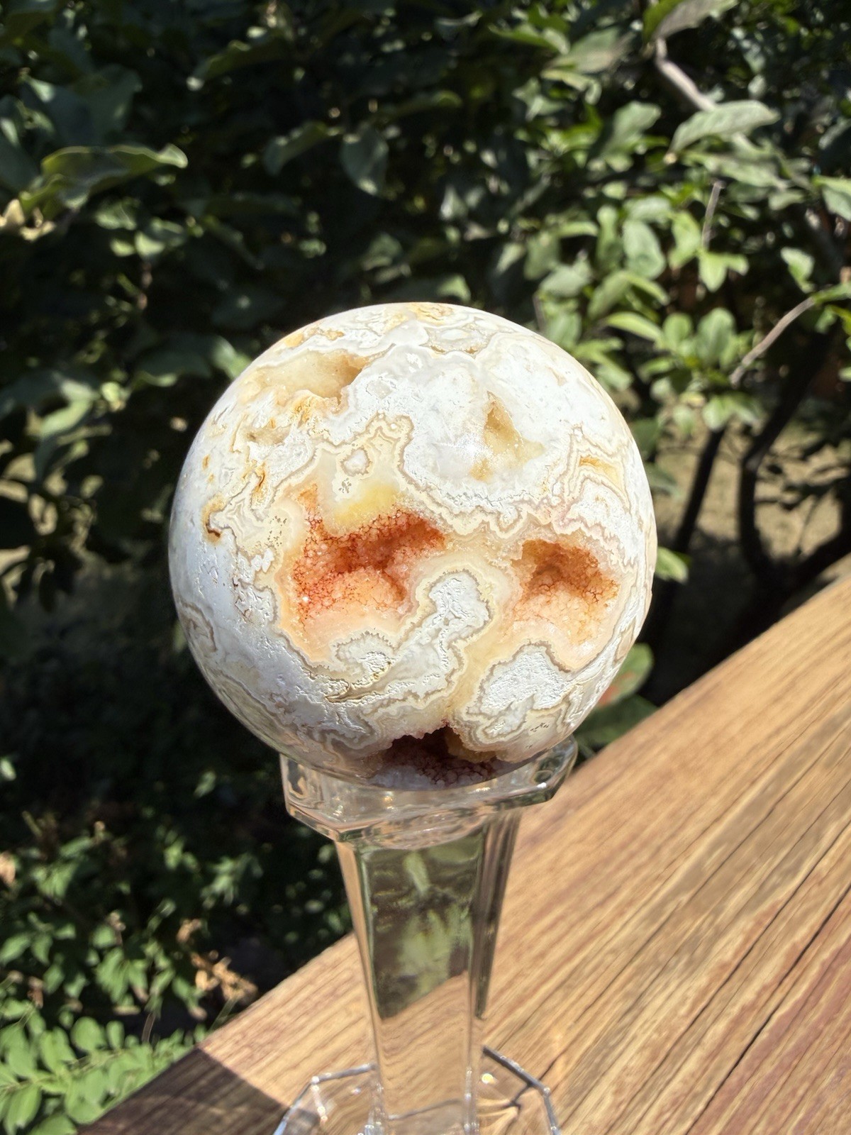 Pink Lace Agate Sphere 2.25 In With Tall Elegant Glass Stand 242g