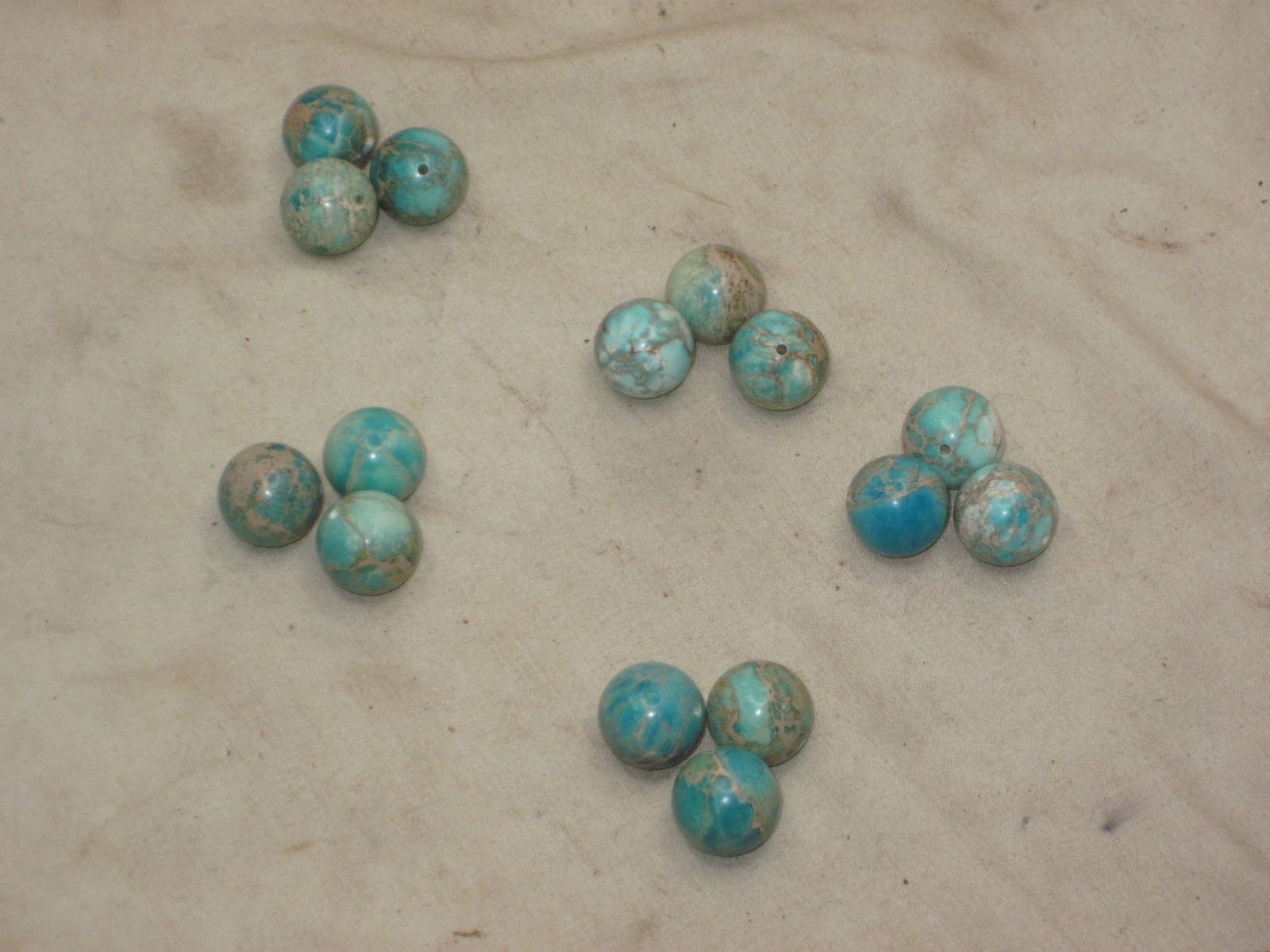 3 small polished turquoise ? spheres sphere orb marble balls ball w/ center hole