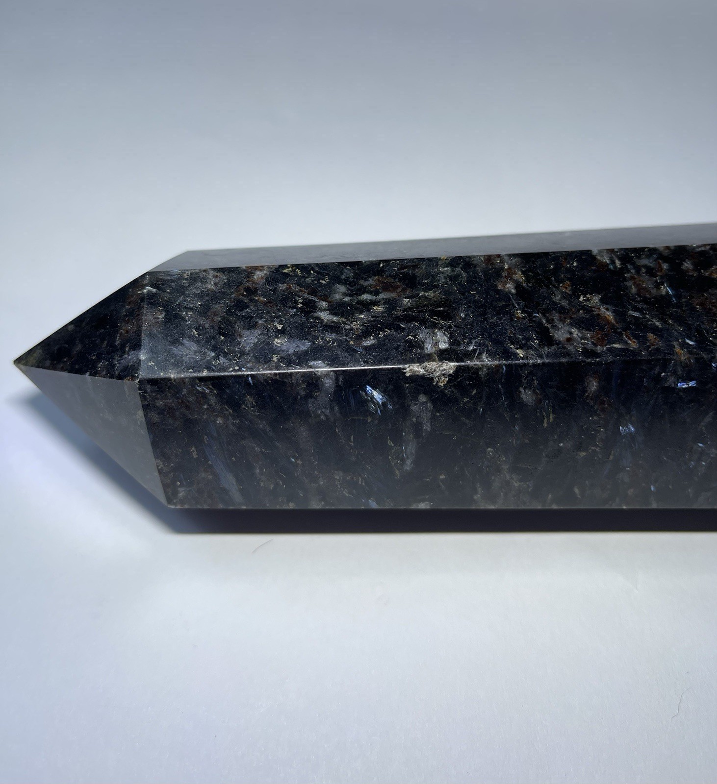 Large Arfvedsonite Crystal Obelisk 7 Inch Flashy Silver Blue Healing Stone Tower