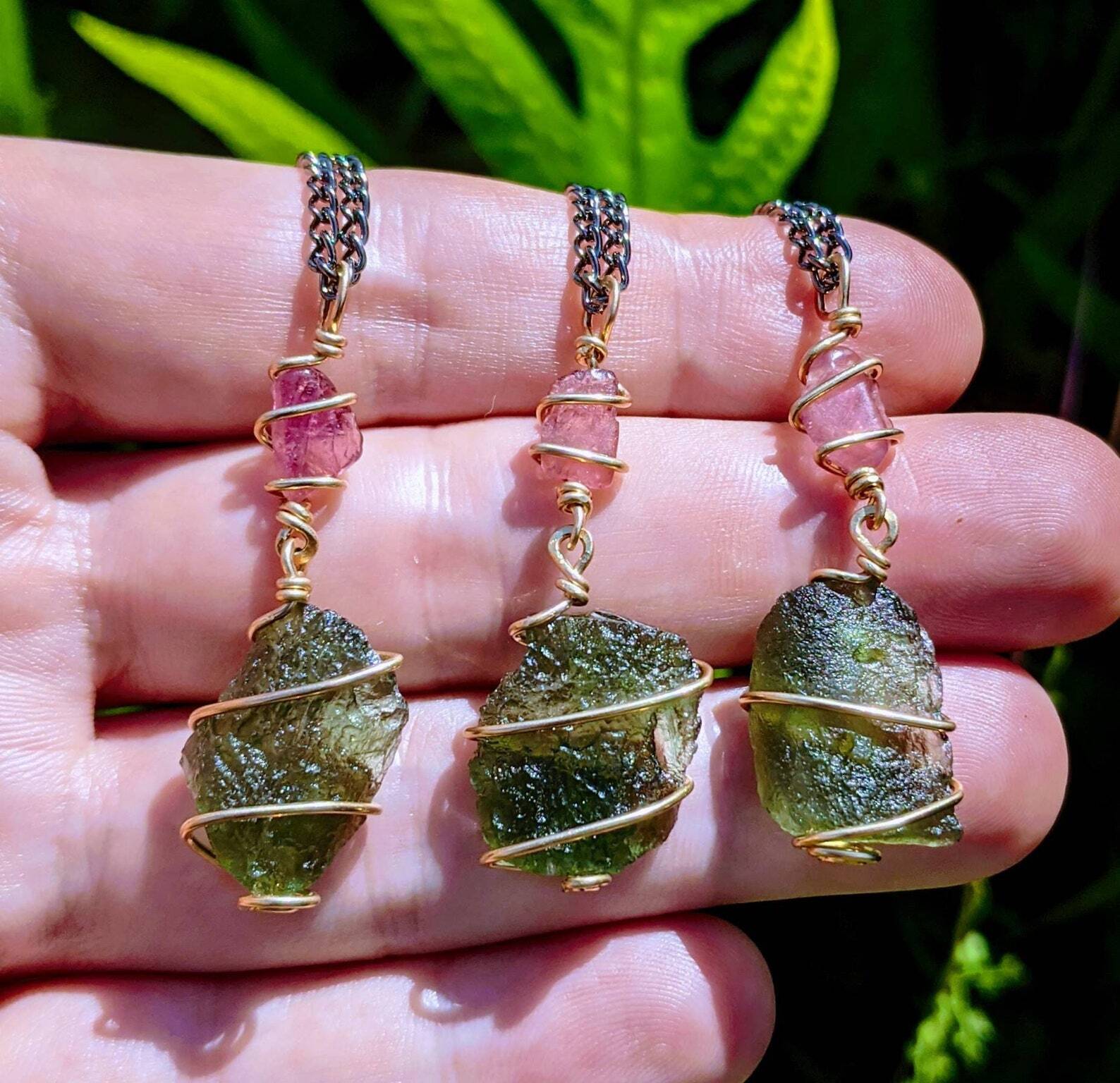 MOLDAVITE NECKLACE Pink Tourmaline 12kt Gold Certified Genuine Moldavite Pendant